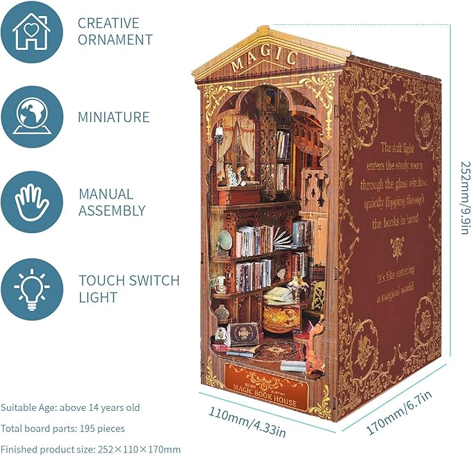DIY Book Nook Kit 3D Puzzle Wooden Bookends Dollhouse Decorative Bookend Toy for Teenagers Stand Kit Model Kits for Adults to Build 3D Creativity Kit with LED Light