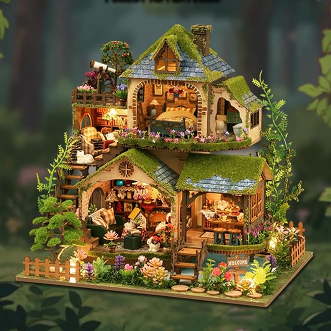 DIY Miniature Dollhouse Kit Forest Cottage Dollhouse Handcrafted Wooden Miniature House with LED Light for Adults Unique Gifts for Teens (Forest Adventure)