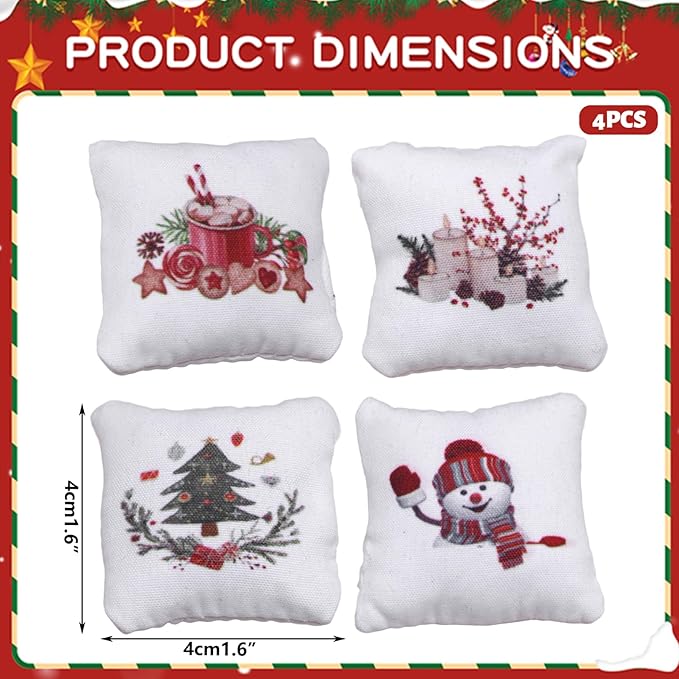 4Pcs Dollhouse Christmas Pillows, Miniature Sofa Pillow, Dollhouse Accessories, with Xmas Pattern, for Christmas Doll House Living Room Decor, 1.6x1.6 Furniture Bedroom Furniture