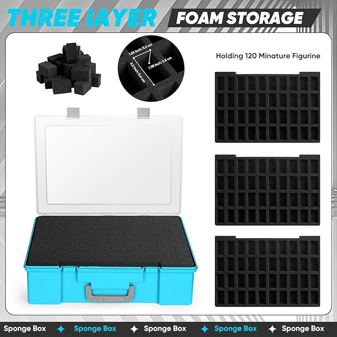 Miniature Storage Carrying Figure Case - 120 Slot Figurine Minature Carrying Case with 3 Foam Layer for Miniatures Compatible with 40k, DND & More (blue1)