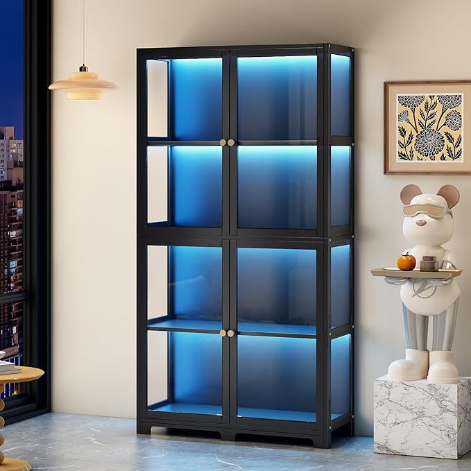 Display Cabinet with Acrylic Doors, 4-Tier Curio Display Case, Transparent Bamboo Curio Display Case for Figures, Storage Cabinet for Collectibles, Bedroom, Office, Playroom