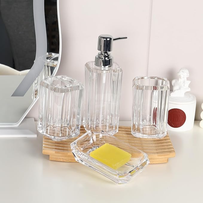 Clear Bathroom Accessories Set, Bathroom Accessories, 4 Pcs Acrylic Bathroom Accessories Sets Hand Sanitizer Bottle, Lotion Can, Separate Bottle, Soap Box, Toothbrush Cup(Clear)