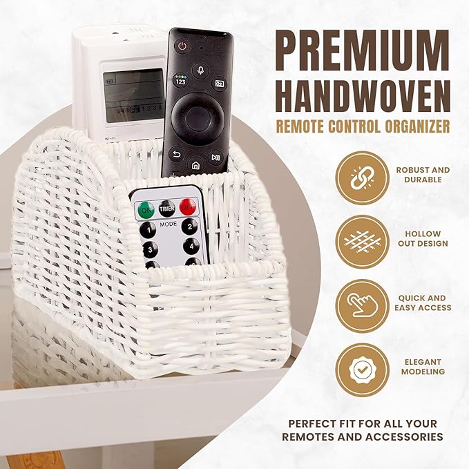 5-Compartment Remote Control Holder – Synthetic Rattan Organizer for TV Remotes, Makeup Brushes, Office Supplies, Stylish Wicker Desk Caddy for Living Room, Bedroom, Office, Patent Pending (White)