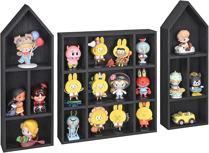 Ikee Design 3 Pcs Set Wooden Shadow Cubby Box Display Shelf Organizer Storage Shadow Box for Collectibles, Mini Figures, 17 compartments, Black Color, 22.8W x 2.4D x 15.7H in