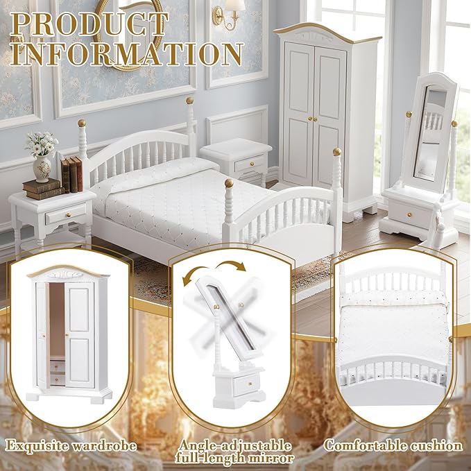 Skylety 7 Pcs Victorian Dollhouse Furniture 1: 12 Scale Dollhouse Bedroom Furniture Set for Adults Toys Miniature Doll House Accessories