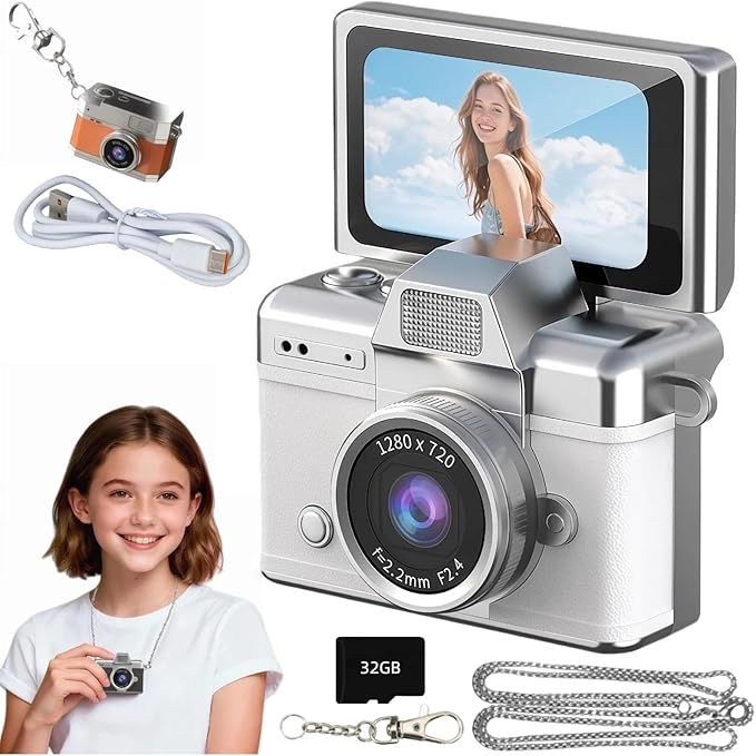 Mini Digital Camera Keychain Retro Mini Digital Video Camera Small 1080P FHD Recording with 0.96" IPS Screen with 6 Retro Filters AVI Format-Ideal for Phone Transfer (32GB, White)