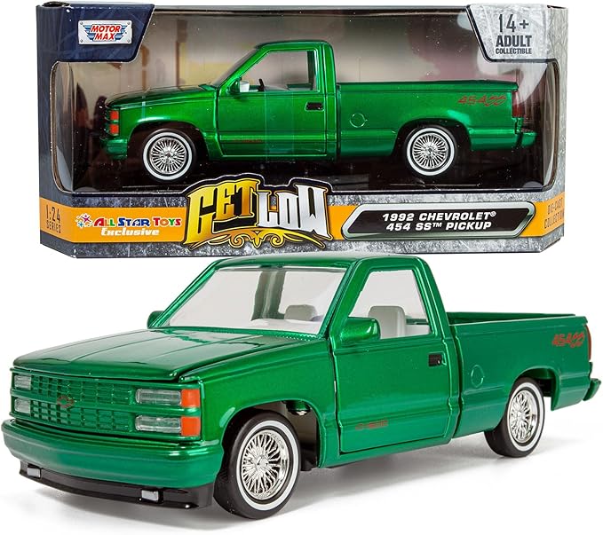 All Star Toys 1992 Silverado 454SS Pickup Lowrider Truck Candy Green 1/24 Diecast Model Motormax Get Low 79036 Exclusive