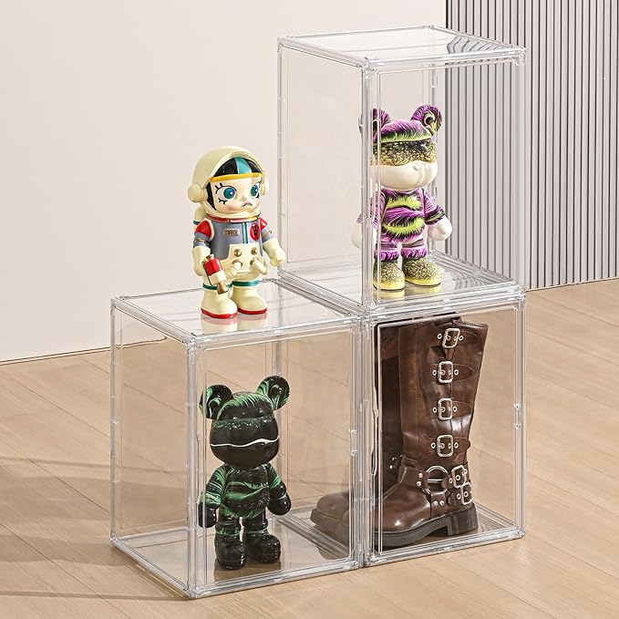 2 Pack XXX-Large Clear Display Case 17.7" x 13" x 13" Extra Large Display Organizer Box with Magnetic Door, Stackable Acrylic Storage Bin for Boots, Shoes, Collectibles, Bags, Figures