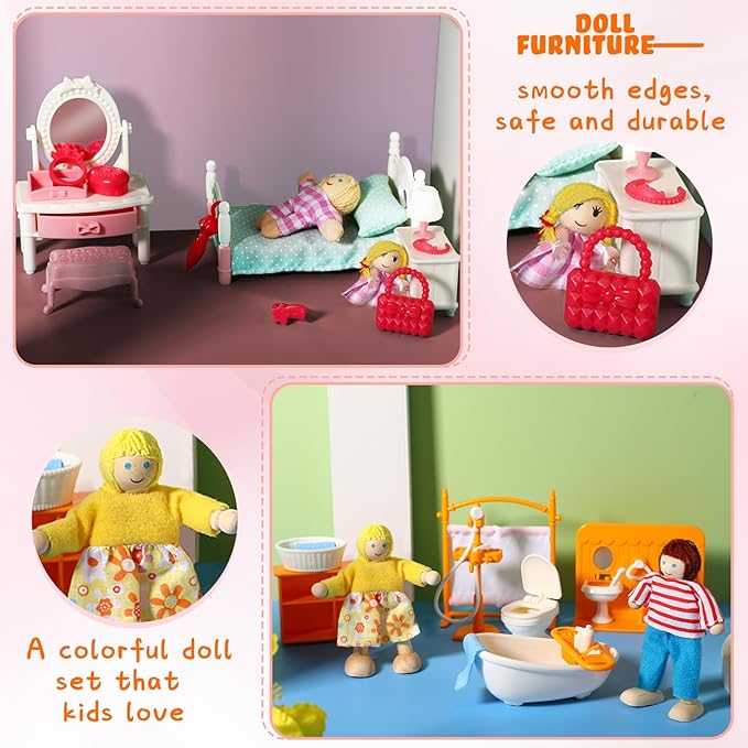 HyDren 83 Pcs Wooden Dollhouse Furniture Set with 8 Dolls Flexible Family Dolls and Fully Furnished Kitchen Living Room Bathroom Bedroom Dining Room Role Play Toys Birthday Gift for Girl Boy