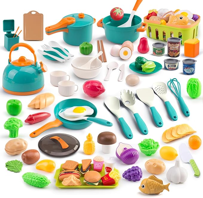 120Pcs Mini Play Kitchen Accessories, Kids Pretend Cooking Playset with Desserts, Cuttable Veggies & BBQ & Storage Basket, Educational Role-Play Gift for Toddlers, Child, Green