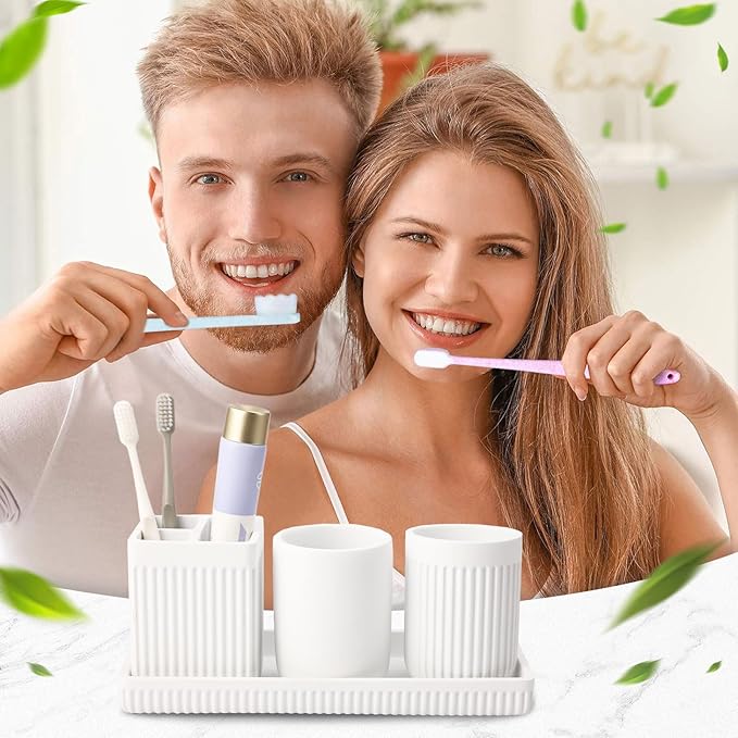XLHOMO Resin Bathroom Toothbrush Holder Set, Matte White Bathroom Accessories Set 4 Pcs, Bathroom Tumbler Cup Tooth Brushing Cup Set with Tray, for Sink Countertop Modern Home Decor
