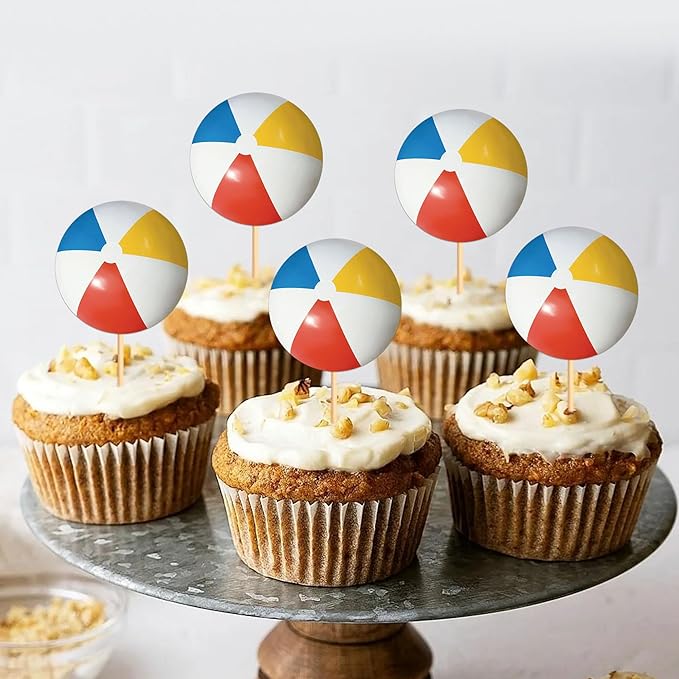 Ercadio 24 Pack Double Sided Beach Ball Cupcake Toppers Water Polo Cupcake Picks Beach Sport Birthday Cake Decorations Baby Shower Party Cake Decoration