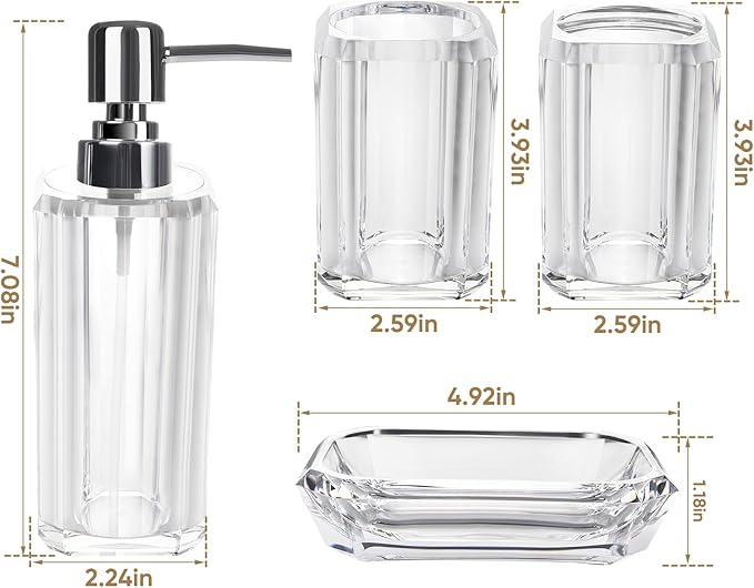 Clear Bathroom Accessories Set, Bathroom Accessories, 4 Pcs Acrylic Bathroom Accessories Sets Hand Sanitizer Bottle, Lotion Can, Separate Bottle, Soap Box, Toothbrush Cup(Clear)