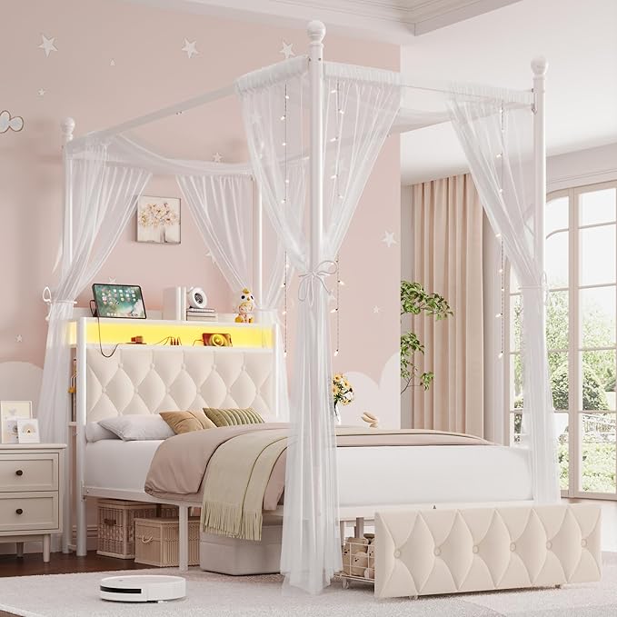 HIFIT Set of 2 Kids Twin Upholstered LED Canopy Bed Frame with Charging Station & Storage Drawer, Button Tufted Storage Headboard w/Bookshelf, Two-Use Girls Platform Bed frame w/4 Removable Post,Beige