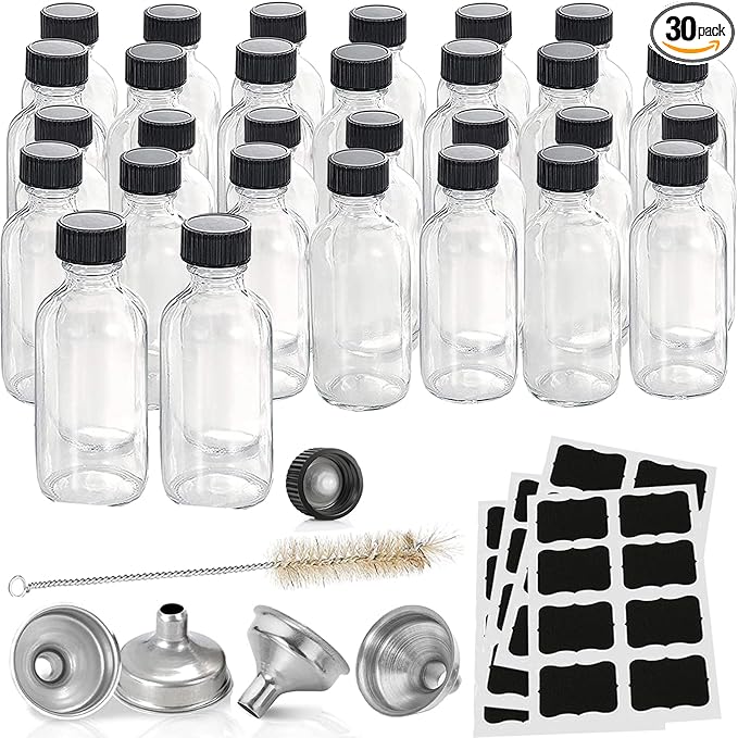 Hadatido 30Pack Shot Bottles with Caps,2 Oz Bourbon Sample Bottles,Ginger Beverage Bottle,60ml Small Shot Glasses with Funnels,Labels,for Making Vanilla Extract Tincture Potion Ginger Whiskey Oils