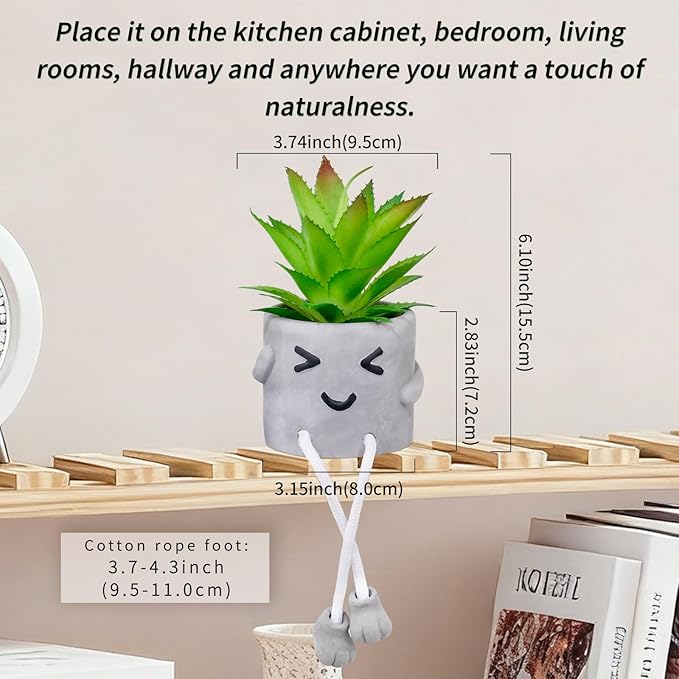 LUZOGA Cute Artificial Succulent Plant in Cement Pot with Hanging Legs - Kitchen Shelf, Bathroom, Office Wall Decoration, Mini Fake Succulents Decor Accents for Desk Shelf - Set of 1