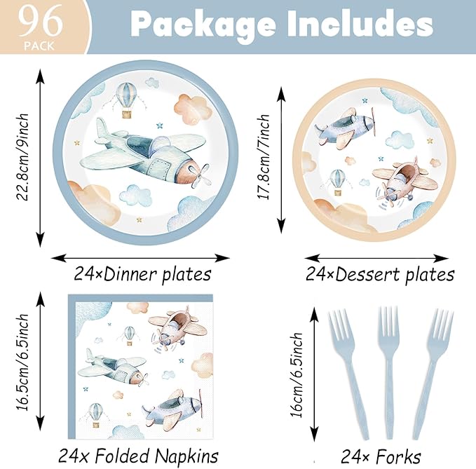 96Pcs Airplane Birthday Party Decorations Airplane Baby Shower Tableware Vintage Plane Plates Napkins Forks Disposable Aviation Theme Party Supplies for Baby Shower Kids Boys Girls Birthday Supplies