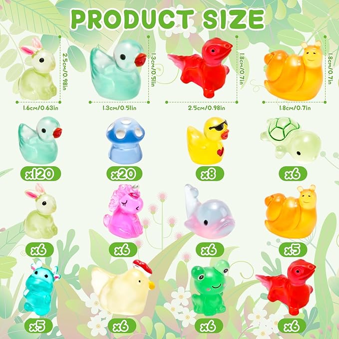 200 Pcs Luminous Mini Resin Animals 12 Styles Glow in The Dark Tiny Ducks Rabbits Frogs Mushrooms Figurines to Hide Small Miniature Figures for Garden Fairy Decor Dollhouse Aquarium DIY Crafts