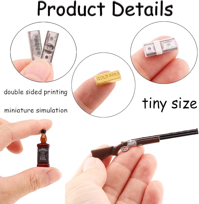 FTYHXP 1 Set 1:12 Scale Miniature Doll Accessories Tiny Money Bills Playing Card Ornament Mini Rifle Mini Gold Bars Model for Doll House,Action Figure Scenc Props,DIY Craft Projects (1 12 A)