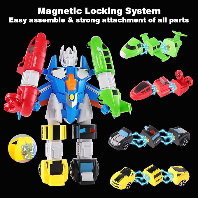 5-in-1 Magnetic Vehicles Playset Toy, Transform to Robot, Mix & Match Assembling Building Action Figures Kit with Storage Box, Birthday Gift for Kids, Boys & Girls 3 4 5 6 7 Year