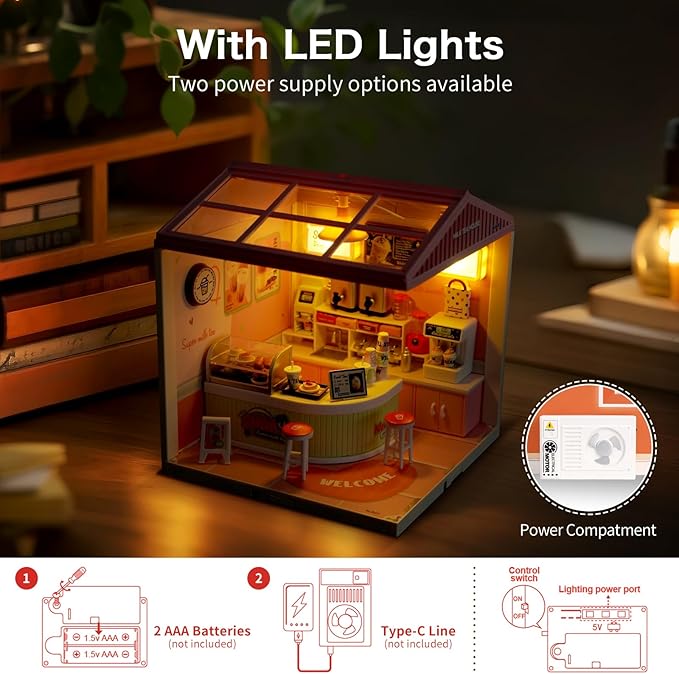 Hallisun LED Building Blocks for Adults, 1:24 DIY Miniature Dollhouse Kits with Roof & Dustproof Cover, Tiny House Toy Building Sets for Kids Ages 8-12-15, Birthday Hobbies Gift for Men Women Boy Girl
