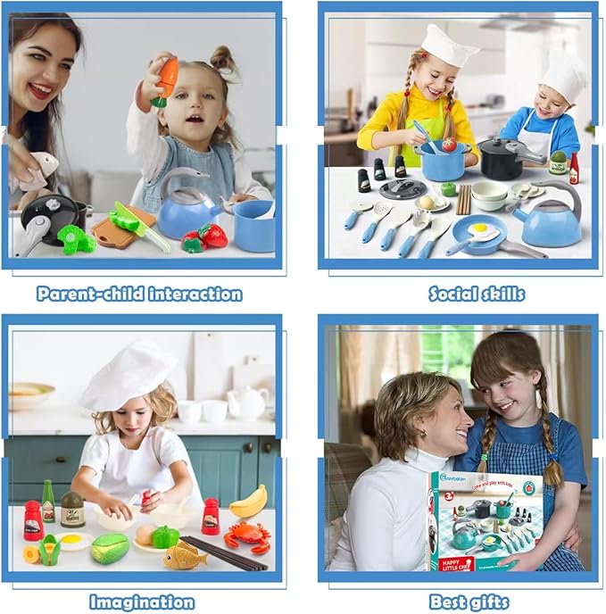 Bruvoalon 67Pcs Kids Play Kitchen Toys Set, Toddlers Pretend Cooking Playset Acccessories with Pots Pans, Utensils Cookware, Foods, Canned Veges, Learning Gift for Kids Girls Boys (White)