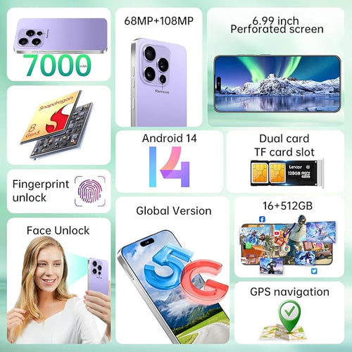 16PROMA X Smartphone Unlocked Cell Phone,6.99" HD Screen Unlocked Phone,16+512GB Android 14 with 128GB Memory Card,Face ID/Dual SIM/5G/Fingerprint Button Unlock/Photos/GPS (Deep Purple, 16+512G)