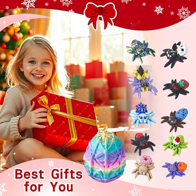 3D Printed Dragon Egg with 10 Unique Spiders, 3D Printed Animals Toys,Stocking Stuffers,Surprise Spider Fidget Toy Set for Party Favors (Rainbow)