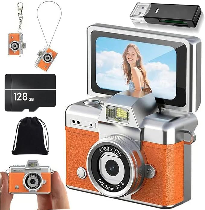 2026 New Mini Digital Camera with 1.47 in Flip LCD Screen, 1080p Retro Mini Ccd Camera for Selfie, Keychain Digital Camera with 128GB Card, Pocket-Sized Gadget for Travel, Birthdays