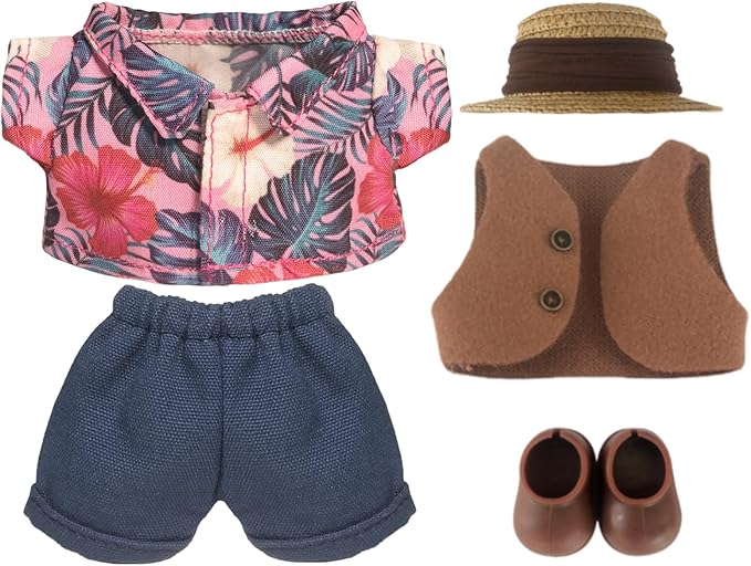 Clothes for 6.7inch /17cm Dolls (Without Dolls),Sets and Accessories,5pc Set（Straw hat+Shirt+Pants+Shoes+Vest,Suitable for Collectors and As Gifts. (Vacation-red)