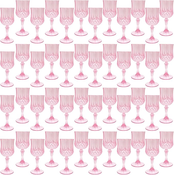 LEYIQU Plastic Wine Glasses, Plastic Goblets Vintage Style Cordial Drinking Glasses for Valentine’s Day, Wedding Reception, Grand Event Party Supplies (48, Pink)