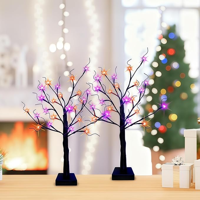 HipTree 2-Pack Lighted Halloween Christmas Fall Tree Decorations Indoor, 2ft Black Birch Tree with LED Lights, Small Tabletop Christmas tree with lights, Warm White Battery- Powered Fairy Light Spirit