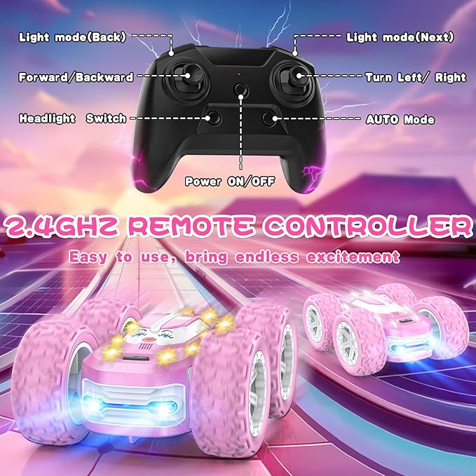 Pink Remote Control Car for Girls, RC Cars for Kids with DIY Sticker & Colored Lights, 2.4Ghz Double Sided 360° Flips 4WD Stunt Car, Rechargeable Toy Cars for Girl Ages 4-6 5-7 6-8 8-12 Birthday Gift