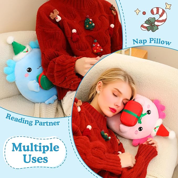 Christmas Axolotl Plush, Cute Axolotl Holding Gift Stuffed Animals Christmas Day Decor Party Favors for Kids & Adults (Blue)