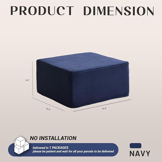 Cozy Square Ottoman, Comfortable Seating, No Assembly Required, Blue