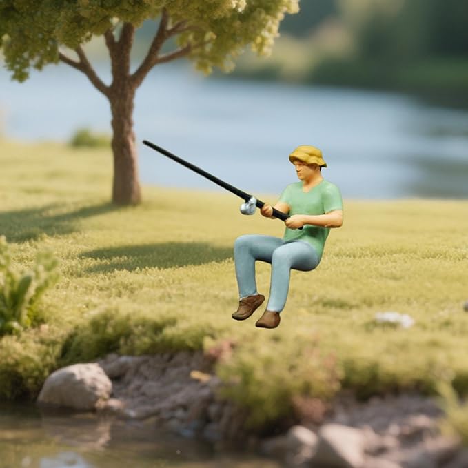 1/64 Scale Miniature Figure Miniature People Mini Resin Collection Hand Painted Realistic for DIY Fishing Scene Diorama Decor, Sitting Fishing Man