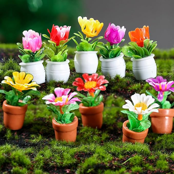 10 Pack Miniature Flowers for Fairy Garden Accessories Tiny Flower Figurines Little Mini Doll House Flowers Figures Micro Landscape Terrarium Dollhouse Craft Decorations Valentines Day Gifts Colorful