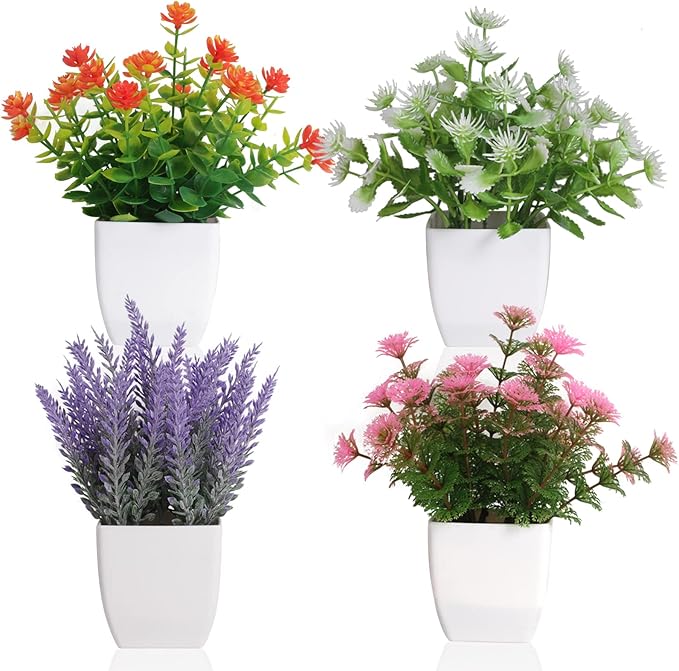 Yoratee Artificial Potted Flowers 4pcs Fake Small Plant in Pot Mini Faux Plant Door House Office Tabletop Kitchen Colorful Greenery Decor