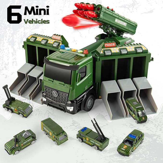 Army Toy for Boys 3-6, Military Truck with 8 Missiles, 6 Mini Die-cast Battle Toy in Carrier Truck with Lights and Sounds, Gifts for Toddler Kids Boys Age 3+