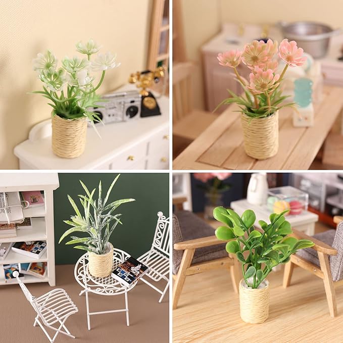 4Pcs Miniature Potted Plant Flowers Trees Basket Artificial Bonsai for 1:12 Mini Dollhouse Fairy Garden Scene Model Micro Landscape Decoration