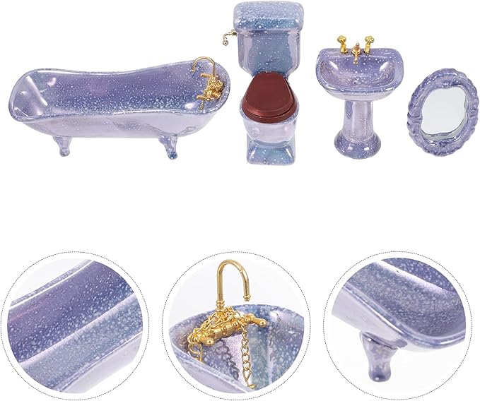 NUOBESTY Miniature Dollhouse Furniture Set Bathroom Accessories Ceramic Bathtub Toilet Sink Mirror for Kids Playhouse Decoration 4.64X2.75X2.04 Inch