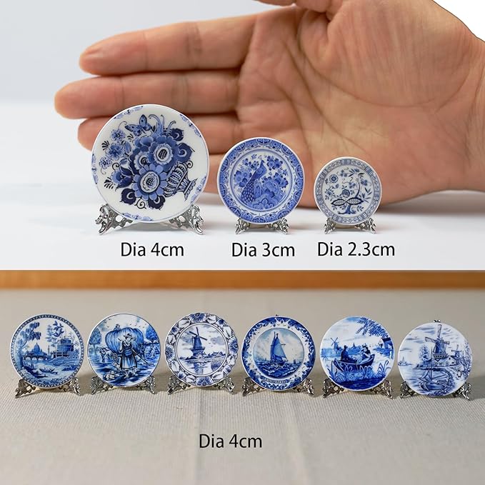 6PCS Handcrafted Miniature Ceramic Plates in 1:12 or 1:6 Scale, Vintage Porcelain Playhouse Dishes (Blue-White B, 4CM)