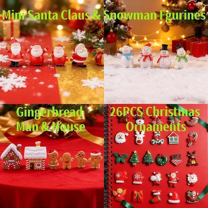 111PCS Mini Christmas Figurines Set, Hand-Painted Resin Miniatures for Crafts, Snow Globe Filler & Christmas Village Accessories, Santa Claus & Snowman Figurines, Trees, Stars, Gingerbread