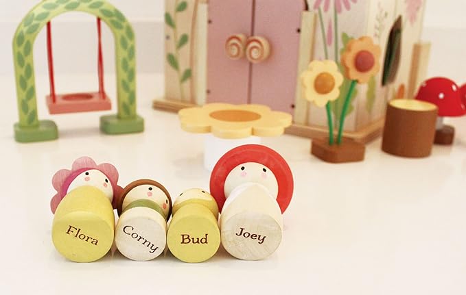 Tender Leaf Toys - Rosewood Cottage - Portable Furnished Wooden 2-Story Dollhouse Set with Handle, 4 Pcs Miniature Toadstool Family with 10 Accessories - Pretend Play Gift for Kids - Age 3+