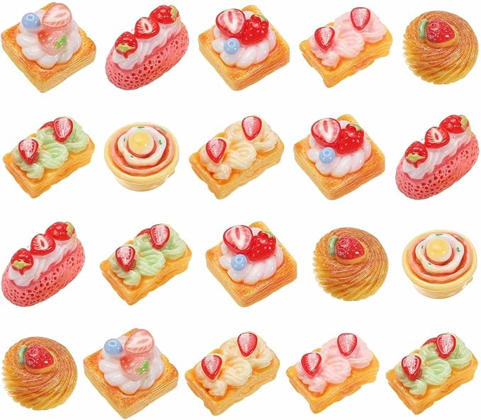 Dollhouse Miniature Food, Cute Mixed Strawberry Cream Mille-Feuille Figures Toys Mini Resin Foods Trinkets for Pretend Play Kitchen Cooking Game & Doll House (Mixing Colors, 20pcs)