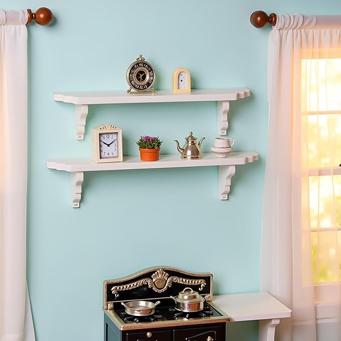 Jowxsx White Dollhouse Wall Shelf, 1/12 Scale Miniature Dollhouse Accessories, Doll House Storage Wall Shelf for Kitchen Scene, DIY Micro Landscaping Decor