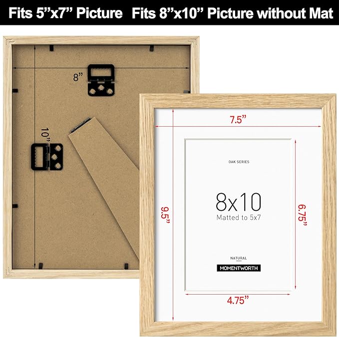 Momentworth 8x10 Picture Frame with Mat for 5x7 set of 3, Solid Oak Wood 8x10 Frame with Tempered Glass for Wall Mount(3 Pack,Oak)
