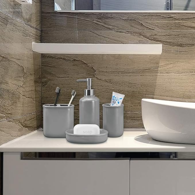 Gray Ceramic Bathroom Accessory Set, Bathroom Accessories Set Includes Soap Dispenser, Toothbrush Holder, Tumbler, Soap Dish, Complete Bathroom Ensemble Sets for Bath Decor, Ideas Home Gift