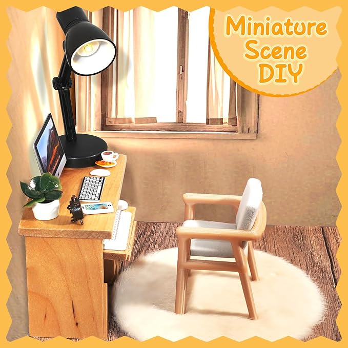 Hiawbon 11PCS 1:12 Scale Miniature Office Furniture Set, Miniature Office Table and Chair, Mini Simulation Desktop Computer with Mouse Keyboard Model Simulation Accessories for Mini House