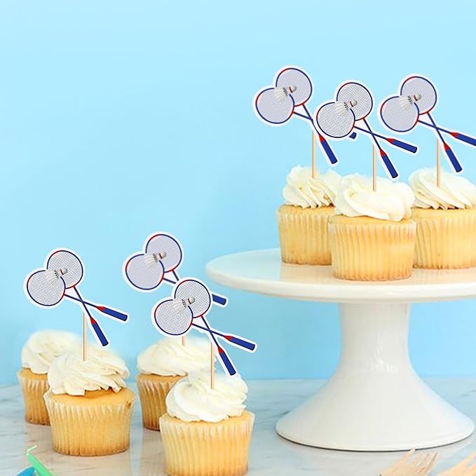 Ercadio 24 Pack Double Sided Cupcake Toppers - Sports Theme Party Cake Decorations for Badminton Birthday, Baby Shower